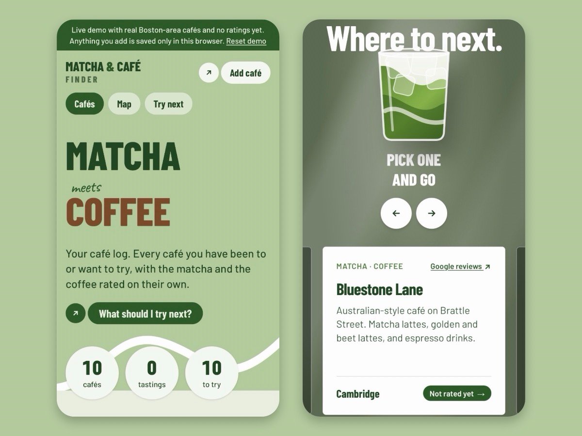 Two phone screens from Matcha & Café Finder: the home page reading Matcha meets Coffee with café counts, and the Where to next carousel showing Bluestone Lane with a link to its Google reviews.